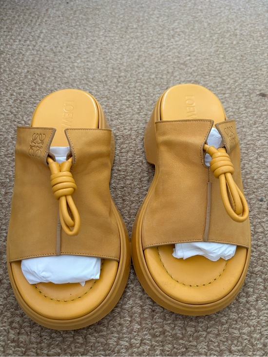 Loewe Shoes - Loewe Mustard Yellow Flamenco Knot Leather Platform  Slide Sandals